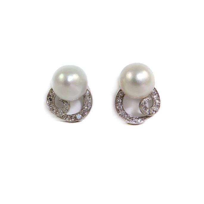 Pair of pearl and diamond scroll earrings | MasterArt